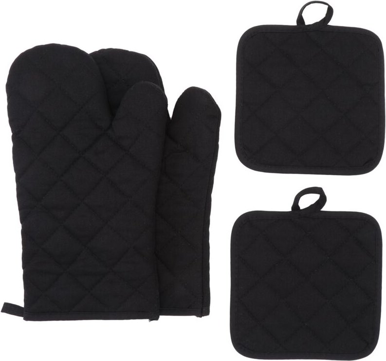 Lange Ofenhandschuhe aus dicker Baumwolle, hitzebeständig bis 500 Grad, vierteiliges Set mit Untersetzer (12 Zoll, schwa...