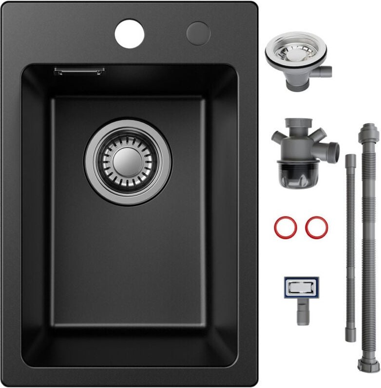 Küchenspüle aus Granit, 30 x 45 cm, Einzelbecken, Mini-Granitspüle mit Siphon, Abflussstopfen und Überlauf