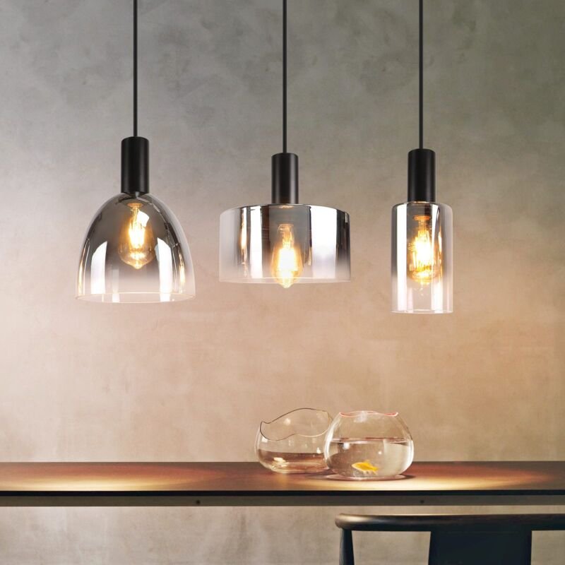 Hängelampe Esszimmerlampe 3 Flammig Hängeleuchte- E27 Vintage Esstisch Pendelleuchte Höhenverstellbar Glas Schwarz Pende...