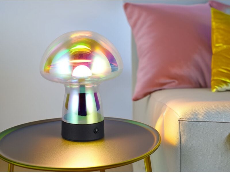 Reality Leuchten - Kleine Akku Tischlampe dooley aus irisierendem Glas, Höhe 18cm