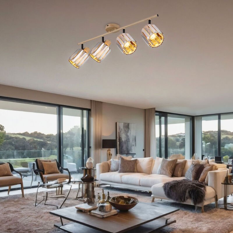 Deckenleuchte Kristalle 4 Flammig Spotstrahler Kristalle rauch Deckenlampe holzoptik, Metall, 4x E14 Fassungen, LxBxH 64...