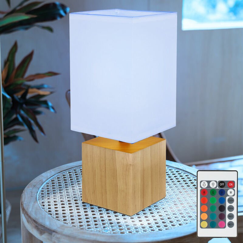 LED Tischlampe dimmbar mit Fernbedienung Holzleuchte Nachttischlampe Tischleuchte Wohnzimmer Leselampe Textil weiß, RGB ...