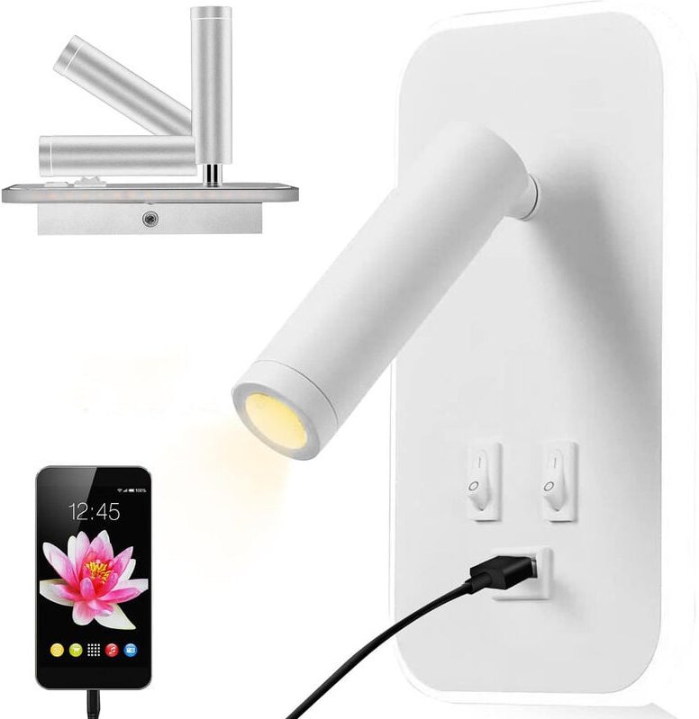Nachttisch-Leseleuchte, LED-Wandleuchte mit Schalter und USB-Ladeanschluss, 13 w 3000 k drehbarer Wandstrahler, schwarze...