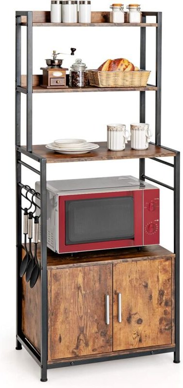 Küchenregal, Lagerregal mit 3 Offenen Regalen, Schrank mit Türen, S-Haken, Eisenrohr, Höhenverstellbare Füße, Kippsicher...