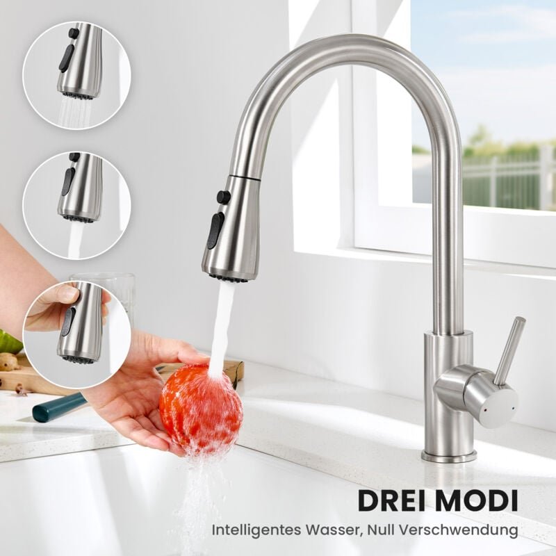 Ausziehbare Küchenarmatur mit 2 Straharten Brause, 360° Drehbarer Küche Wasserhahn, Edelstahl Spültischarmatur Mischbatt...