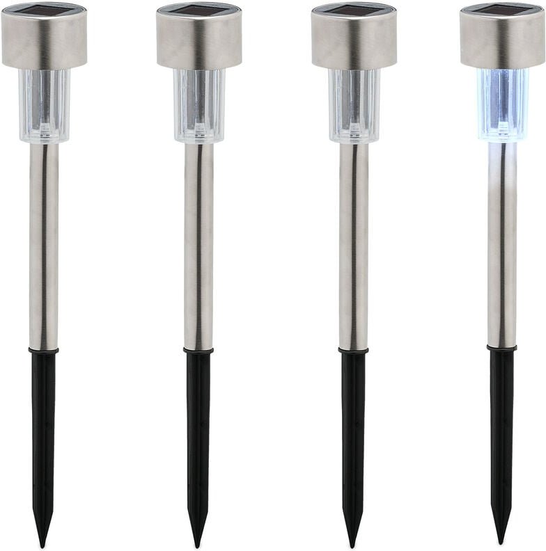 Thumbnail - Relaxdays - Solarlampen 4er Set, kaltweiß, wasserdicht, Dämmerungssensor, led Solarlicht, HxD: 31 x 4,5 cm, silber/schwa...