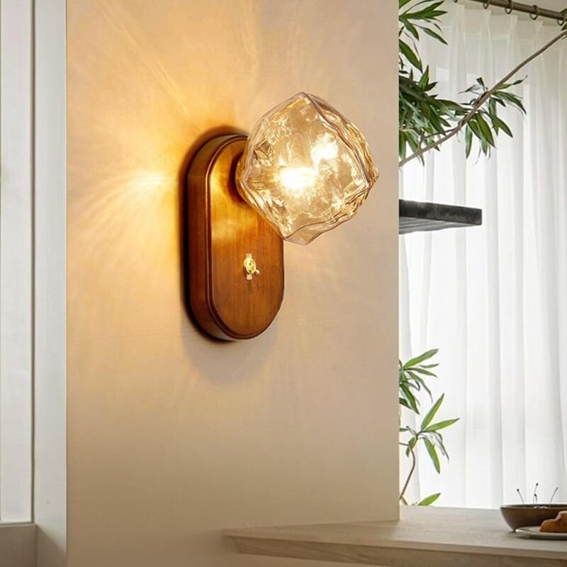 Vintage-Wandleuchte aus Glas und Holz, G9-Wandlampe mit Schalter für den Innenbereich, für Schlafzimmer, Wohnzimmer, Nac...