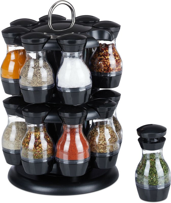 Relaxdays - Gewürzkarussell, 16 Gewürzgläser, Gewürzständer 360° drehbar, HxD: 29 x 19 cm, aus Kunststoff, schwarz/silbe...