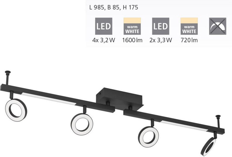 Eglo - 4er led Spot Cardillo 2 schwarz 98,5 x 8,5 cm Deckenlampen & Kronleuchter