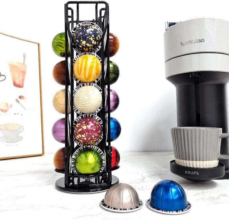 12 × 12 × 32 cm) Vertuoline 20-teiliger Kaffeekapsel-Organizer, drehbarer Kaffee-Aufbewahrungsständer aus Schmiedeeisen