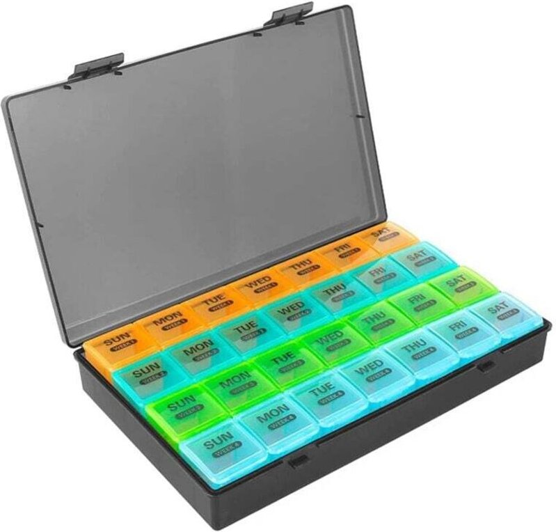 Wöchentlicher Pillenorganizer mit 28 Fächern, Fassungsvermögen für 4 Wochen, Klappdeckel, für die tägliche Medikamenteno...