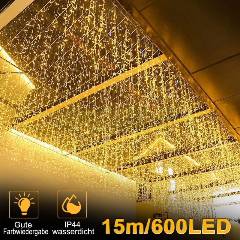 Froadp 15m Lichterketten Eiszapfen LED Vorhang 600 LEDs Transparent Regenkette 8 Lichtmodi Aesthetic Weihnachts Warmweiß...