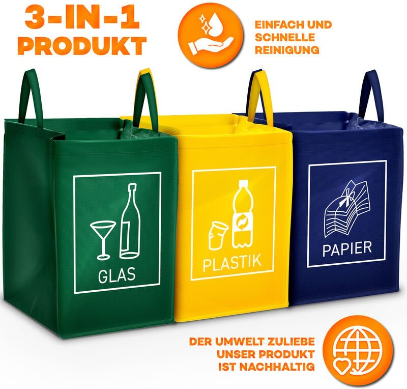 TRESKO® 3er Set Recycling Deutsch Müll Sortiertaschen Mülleimer Mülltrenner Trennsystem