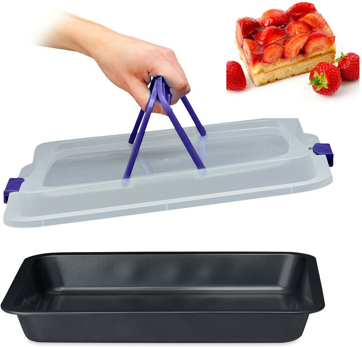 Relaxdays - Backblech mit Deckel, 3 in 1 Kuchen Transportbox, bt 40,5 x 32,5 cm, Backform, Transporthaube, schwarz/ blau