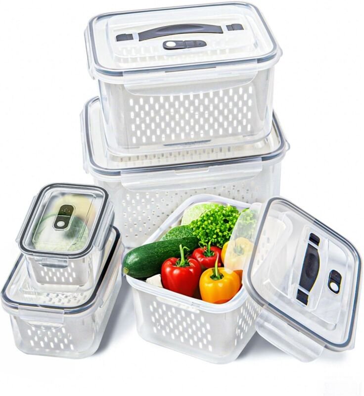 5 Aufbewahrungsboxen aus Kunststoff mit herausnehmbarem Siebeinsatz für den Kühlschrank, für Salat, Obst, Gemüse, zur be...