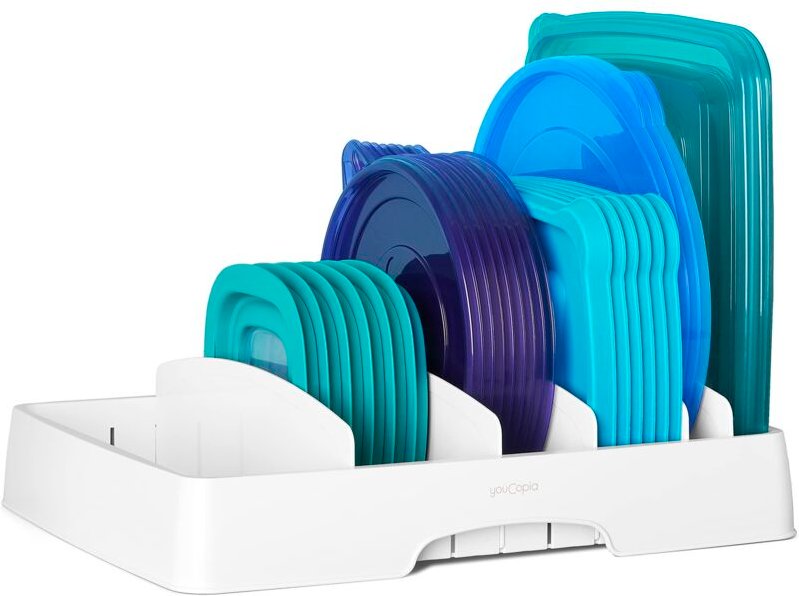 Verstellbarer Deckelorganizer für Lebensmittelbehälter, große Größe, ideal zur Aufbewahrung in Küchenschränken.