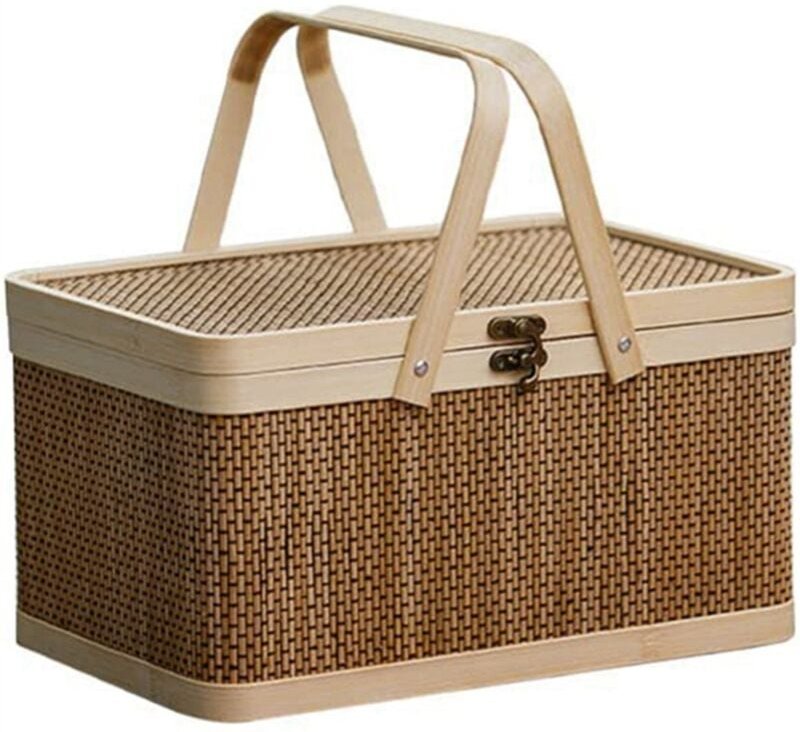 Bambuskorb Naturfreundlicher Gewebter Korb Bambus-Picknickkorb mit Deckel Aufbewahrungskorb für Snacks und Brot