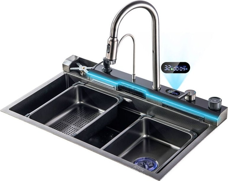 Küchenspüle Pistolengrau , Mit LED-Temperaturanzeige 304 Edelstahl-Wasserfallspüle, Ausziehbarer Wasserhahn mit 3 Funkti...