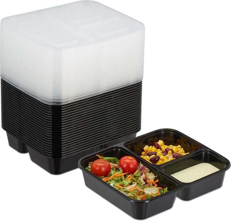 Thumbnail - Relaxdays Meal Prep Boxen, 24er Set, 3 Fächer, mikrowellengeeignet, wiederverwendbar, Kunststoff Essensbehälter, schwarz