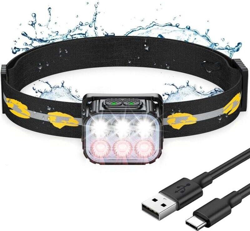 Ultrastarke LED-Stirnlampe, wiederaufladbare wasserdichte Stirnlampe mit rotem Licht, 6 Beleuchtungsmodi und 36 Stunden ...