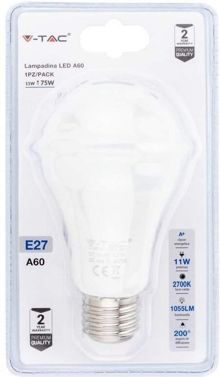 V-tac - E27 11W A60 LED-Glühbirne, warmweiß (Blisterpackung mit 1 Stück)