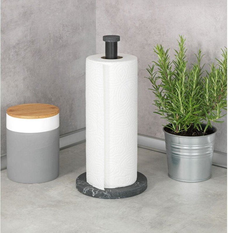 WENKO Küchenrollenhalter Marmor Schwarz, Elegante Marmoroptik, Schwarz, Polyresin schwarz, pulverbeschichtetes Metall sc...