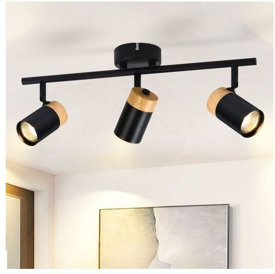 GBLY Deckenleuchte 3 Flammig Schwarz Deckenstrahler - Deckenlampe Holz LED GU10 Deckenlampe Drehbar 330° für Wohnzimmer ...