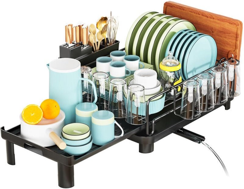 Ausziehbares Abtropfgestell aus Edelstahl mit Besteckhalter und abnehmbarem Glashalter, verstellbares Abtropfgestell mit...