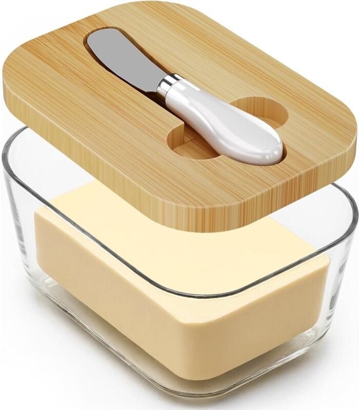 Große Butterdose aus Glas mit Deckel, Messerhalter für die Arbeitsplatte und hochwertiger doppellagiger Silikondichtung ...