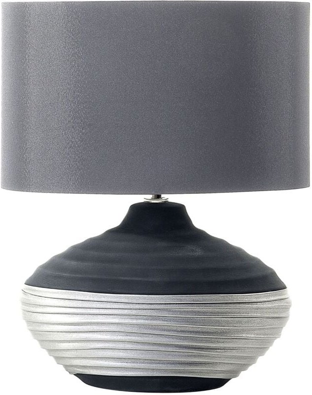 Thumbnail - Beliani - Tischlampe Schwarz und Silber Porzellanfuß Stoffschirm Grau langes Kabel mit Schalter Modern Glamourös