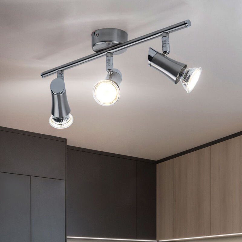 Deckenleuchte Spotleiste Deckenlampe mit beweglichen Spots 3 flammiger Deckenstrahler, Metall chrom nickel matt, 3x GU10...