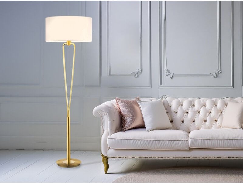 Designer LED Stehleuchte Messing mit Stoffschirm Weiß, Höhe 160cm