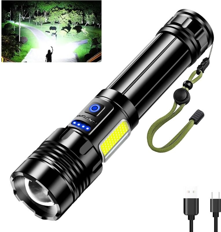 Wiederaufladbare LED-Taschenlampe, 600.000 Lux, 9 Leuchtmodi, superhelle Taschenlampe mit COB-Seitenlicht, Reverse-Ladef...