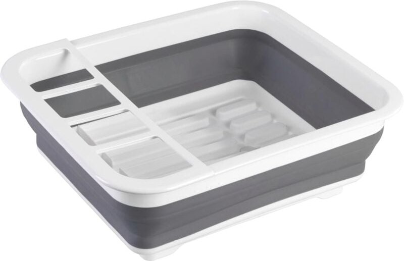 Faltbarer Geschirrabtropfständer aus Kunststoff mit Besteck- und Tellerhaltern, 36,5 x 13 x 31 cm, in Weiß-Grau