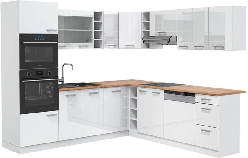 Vicco - Eckküche R-Line, Weiß Hochglanz/Weiß, 237 x 247 cm , ap Eiche