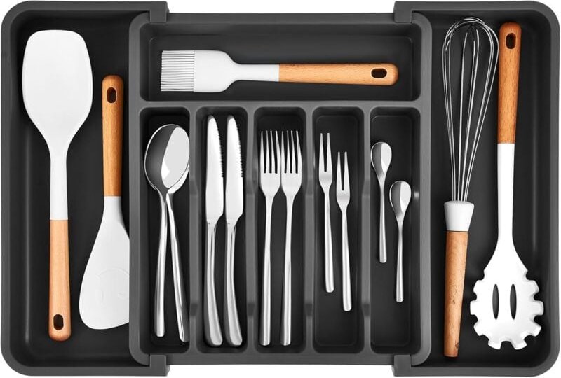 Schubladen-Organizer mit 6 Fächern, schwarzer Besteckbehälter