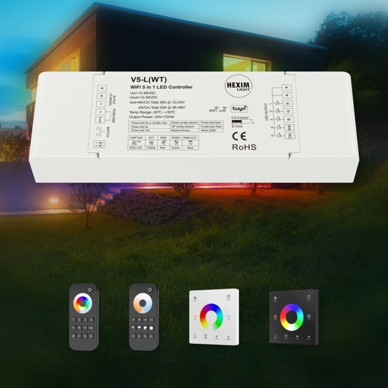 HEXIM LIGHT 12-48V Wi-FI/RF Controller Fernbedienung RGB/CCT LED Beleuchtung Wandschalter Dimmer: 5CH RGBW Wi-Fi Control...