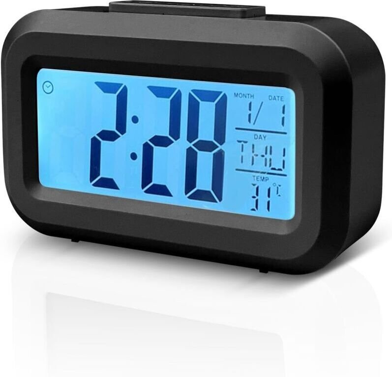 Digitale LED-Uhr mit Datums- und Temperaturanzeige, kompakter batteriebetriebener Wecker für Büro und Schlafzimmer (schw...