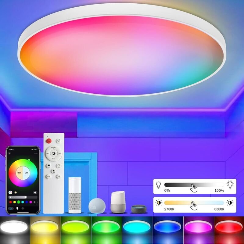 LED-Deckenleuchte mit Fernbedienung, 30W RGB-LED-Deckenleuchte mit Farbwechsel, kompatibel mit Alexa und Google Home, sm...