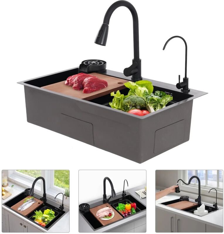 Edelstahl-Küchenspüle mit ausziehbarer Armatur, Einbau-/Aufsatz-/Montage, multifunktionales Set, 75 x 45 x 22 cm