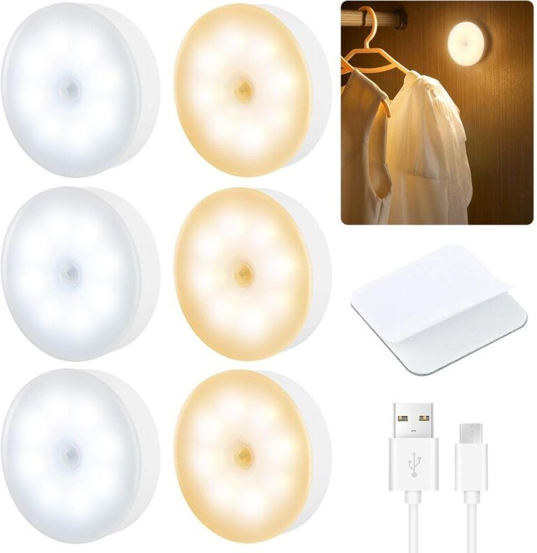 Shining House - Nachtlicht, 6er-Set, USB-wiederaufladbare automatische LED-Lampe, Innen-Bewegungsmelder-Lampe, kabellose...