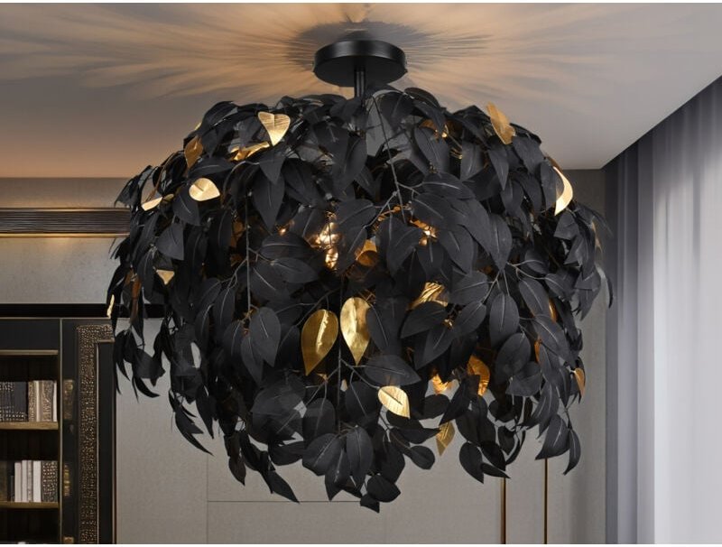 Große led Deckenleuchte mit Blätter Lampenschirm Schwarz-Gold, ø 70cm