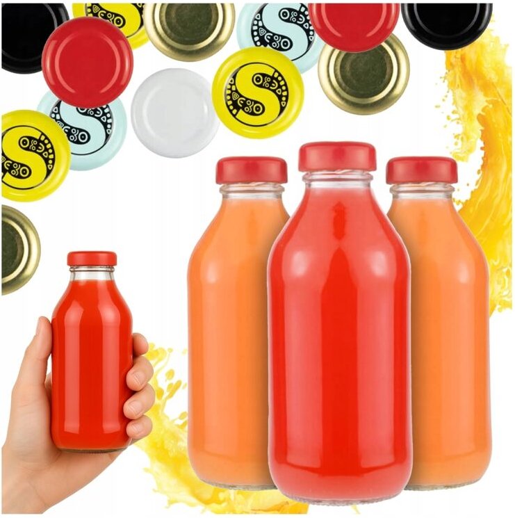 5 Flaschen für Saft, Sirup, Fruchtsäfte, hausgemachte Konfitüren 330 ml + Deckel fi 33