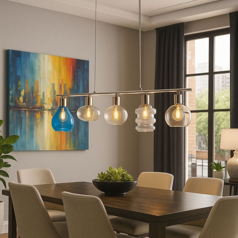 LED Pendelleuchte Filament dimmbar Esstischlampe 5 flammig Vintage Hängelampe Glas mehrfarbig, 5x 4W 470Lm warmweiß, LxH...