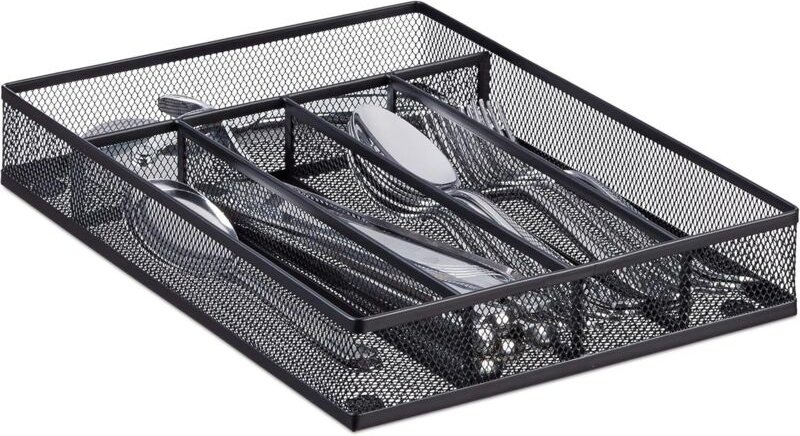 Besteckkasten aus Stahlgewebe, Besteckbox aus Metall, Besteckablage, 32 x 22 x 4,5 cm, schwarz