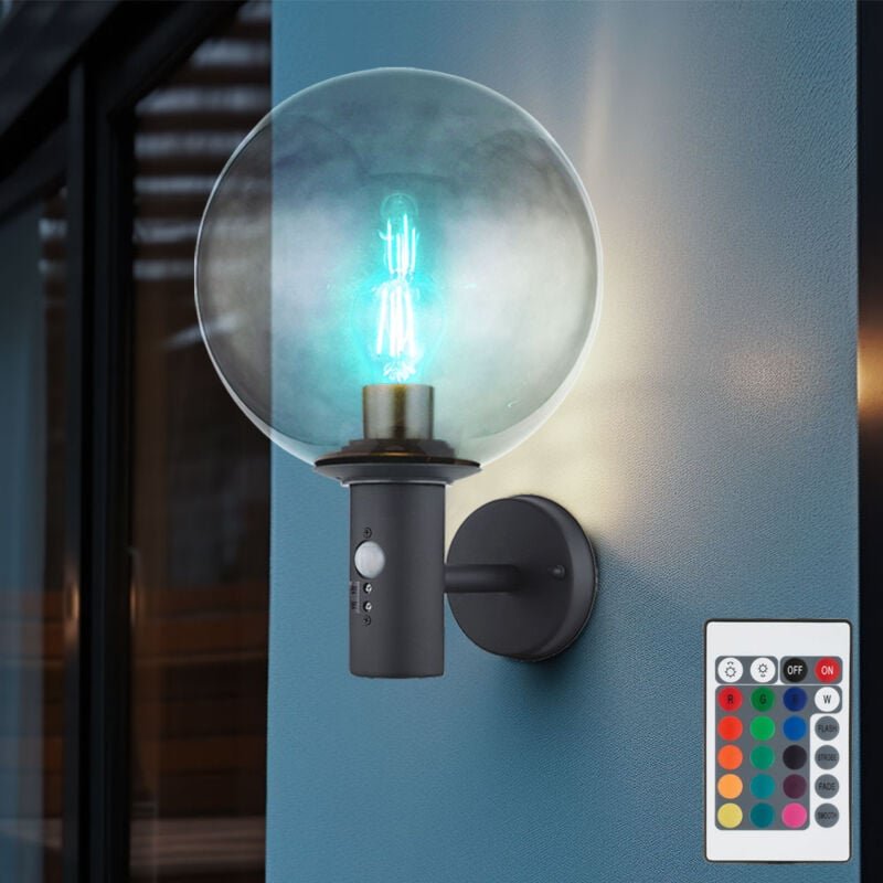 Led Wandleuchte mit Bewegungsmelder Außenwandlampe dimmbar mit Fernbedienung Fassadenlampe Rauchglas, rgb Farbwechsel, E...