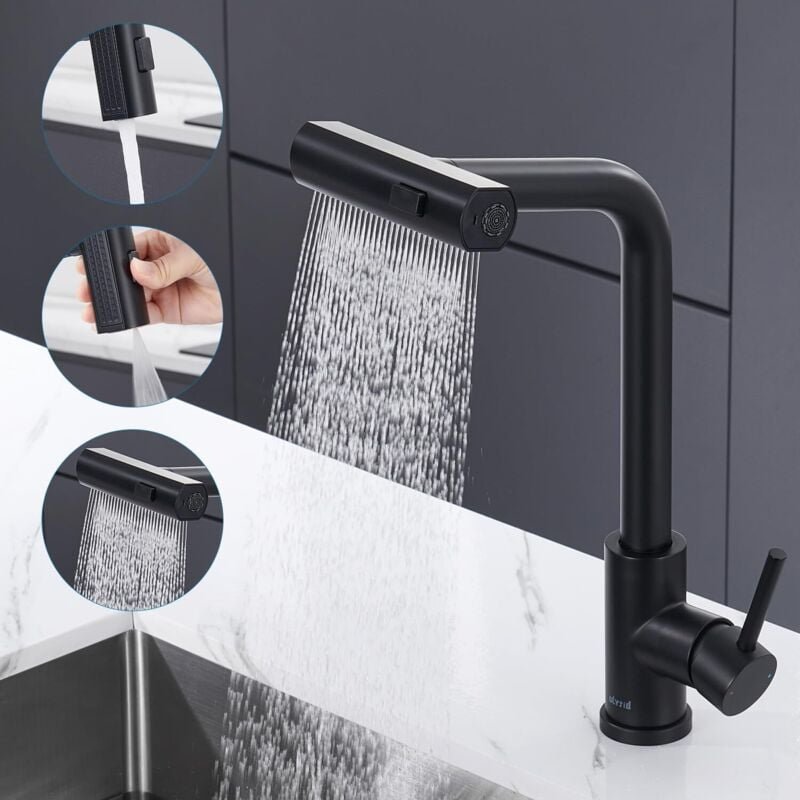 Schwarze Wasserfall-Küchenarmatur, Küchenmischer mit Ausziehbrause und 3 Wassermengeneinstellungen, 360° drehbare, auszi...