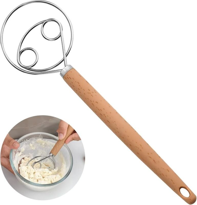 Dänischer Teigrührer, 25 cm langer Schneebesen, Schneebesen mit Kunststoffgriff, Mixer, Edelstahl, Doppelloch für Brotte...