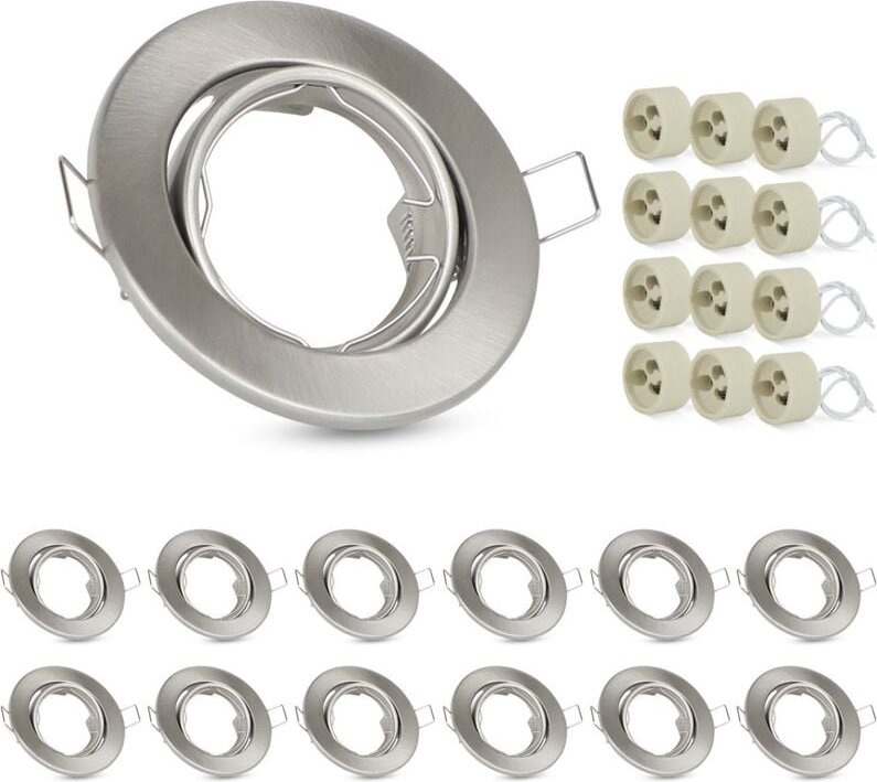 12ER Einbaustrahler GU10 Set Einbaurahmen - GU10 Fassungen 230V Lochdurchmesser 50mm mit Sockel in Edelstahl Einbauleuch...