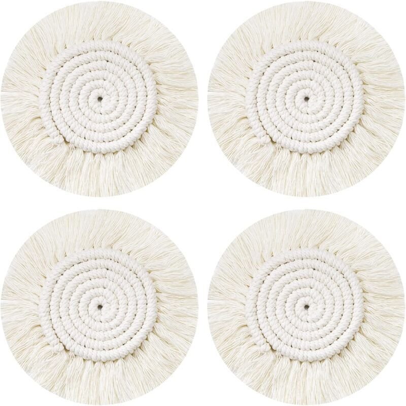 Handgewebte Platzsets, 4-teiliges Set runder, geflochtener Makramee-Untersetzer, Boho-Kaffee-/Bier-/Tassen-/Tischsets
